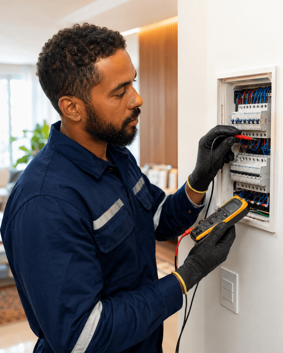Profissional inspecionando uma instalação elétrica